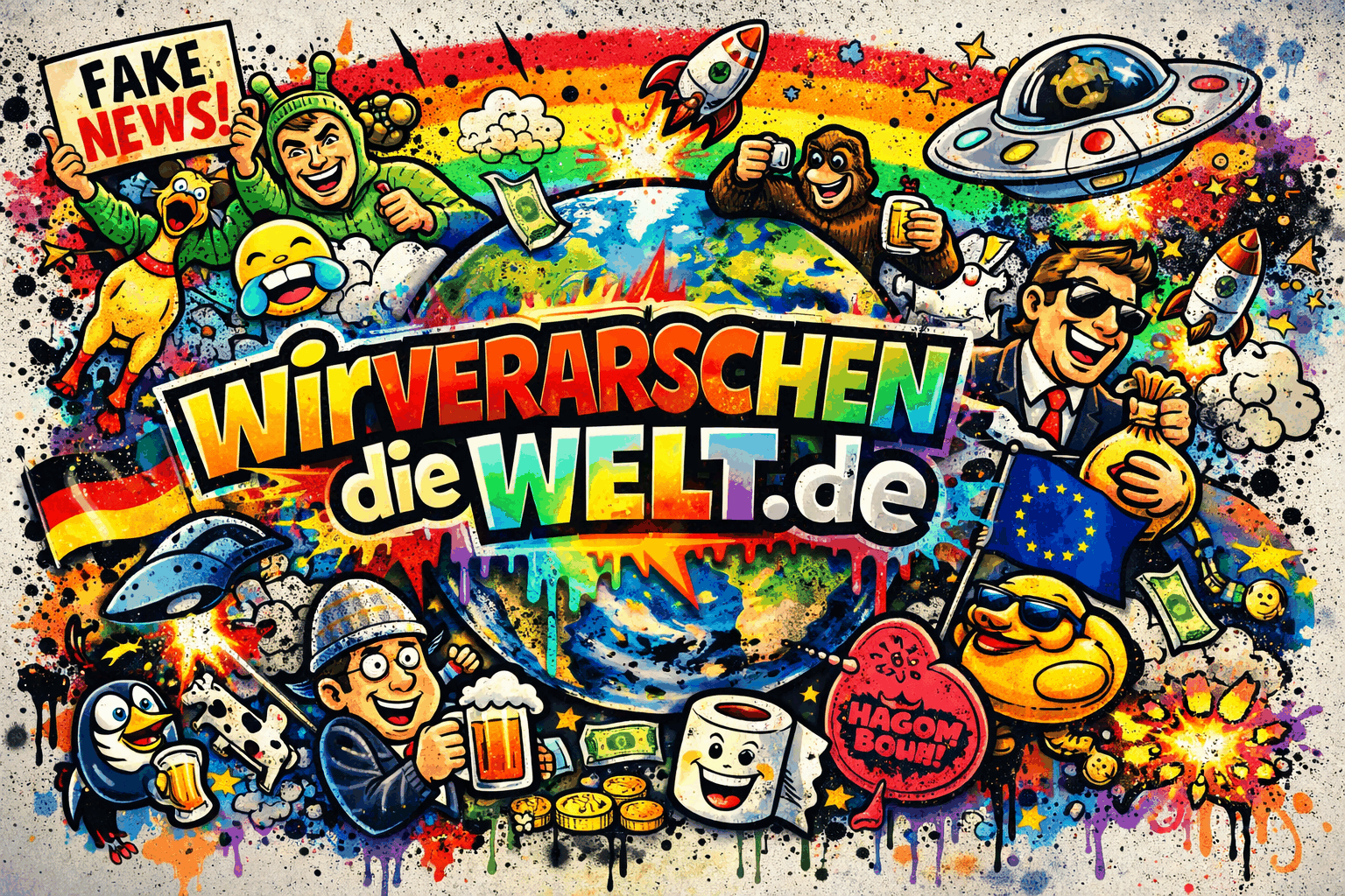 Comic-Grafik mit dem Schriftzug wirverarschendiewelt.de – by overdick.group